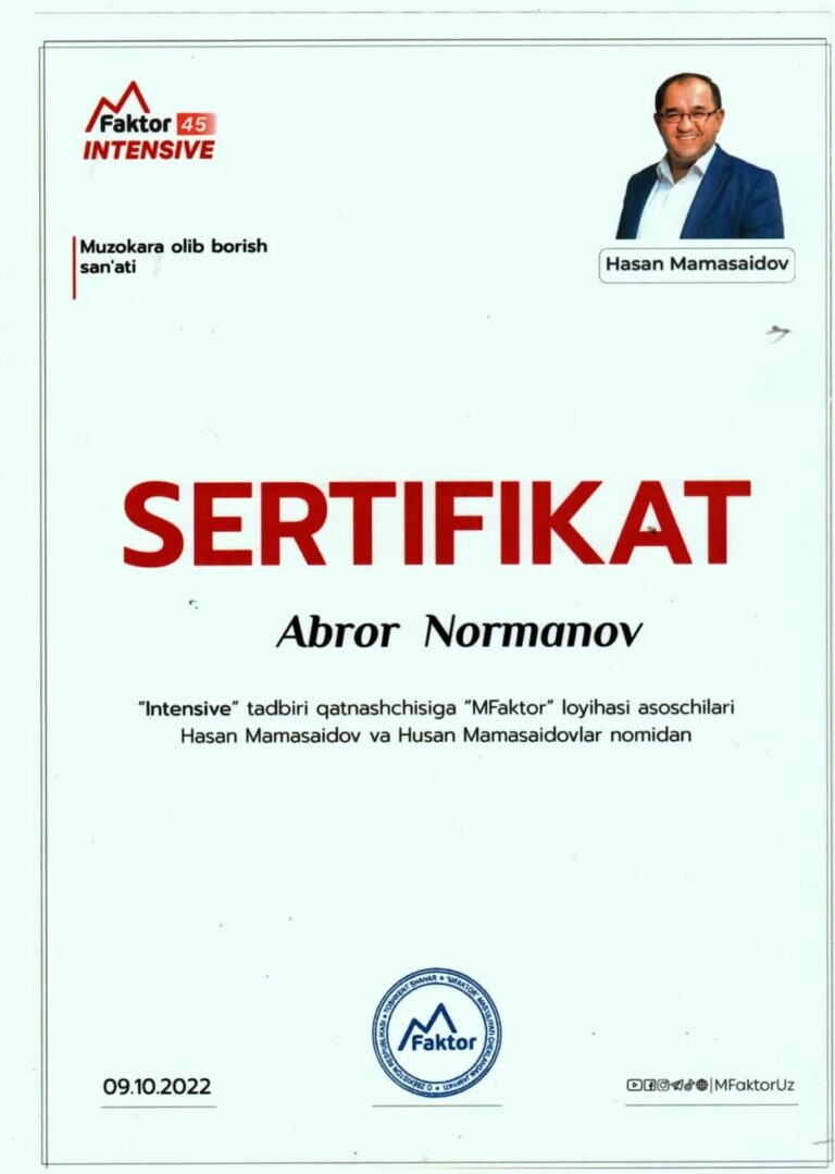 Intellektual mulk sohasida malaka oshirish sertifikati