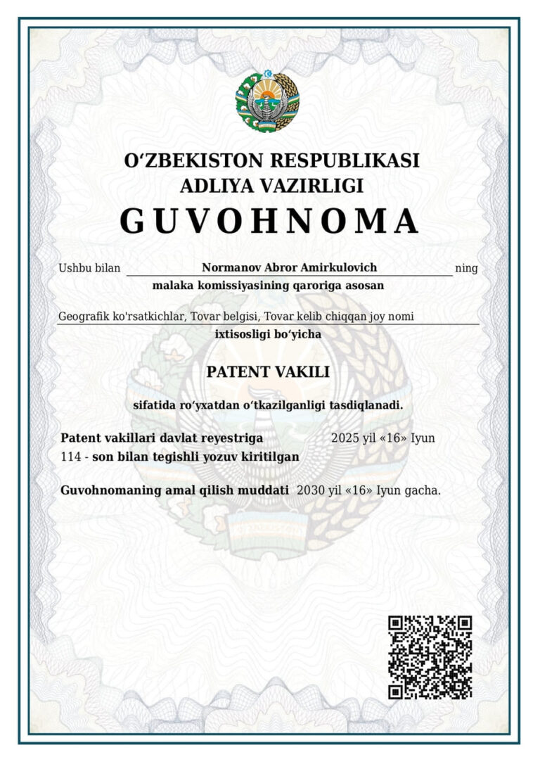 Patent vakilining malakasini tasdiqlovchi hujjat
