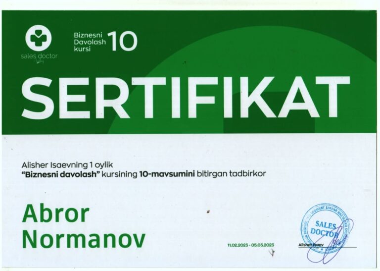 Biznes advokatining kasbiy tayyorgarligi haqidagi guvohnoma